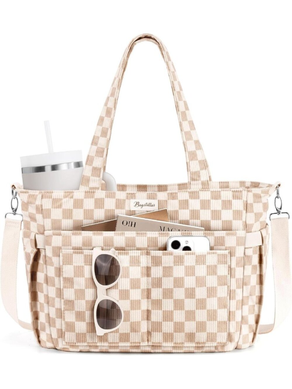 Stylish Corduroy Tote Bag for Women | 17 Pockets, Laptop & Work Purse